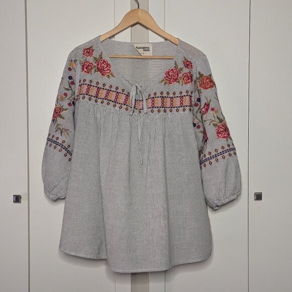 Savannah Jane Gray Striped Embroidered Boho Peasant Top XL - Picture 1 of 3